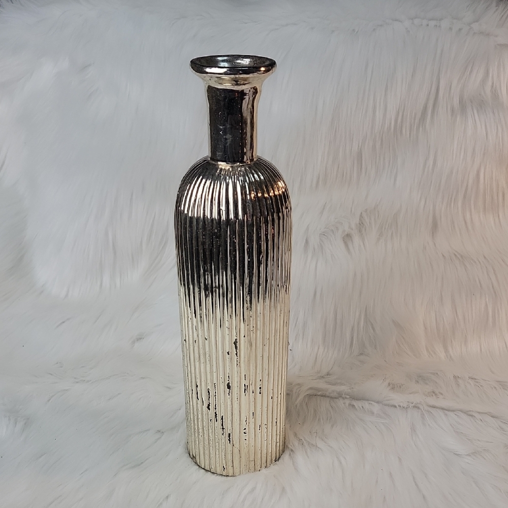 MERCURY GLASS Decorative Holiday Ribbed Metallic Tall Slim Glass‎ Container Vase
